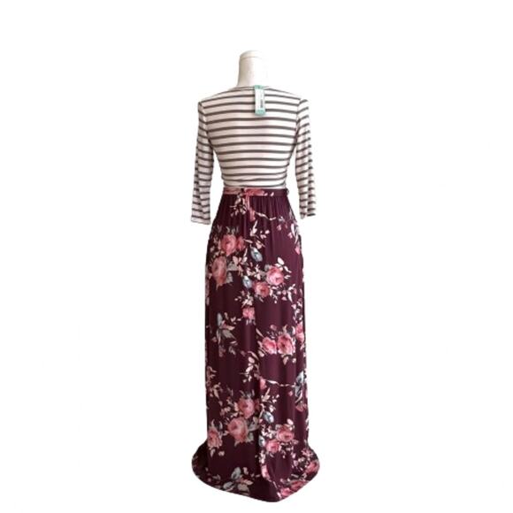Lux & Co Bernice 2fer Knit Burgundy Tan Stripe Floral Pockets Maxi Dress XS NEW - Picture 6 of 13